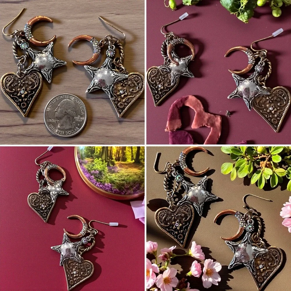 Boho Silver, Copper, and Bronze Toned Star and Heart Earrings Celestial Witchy